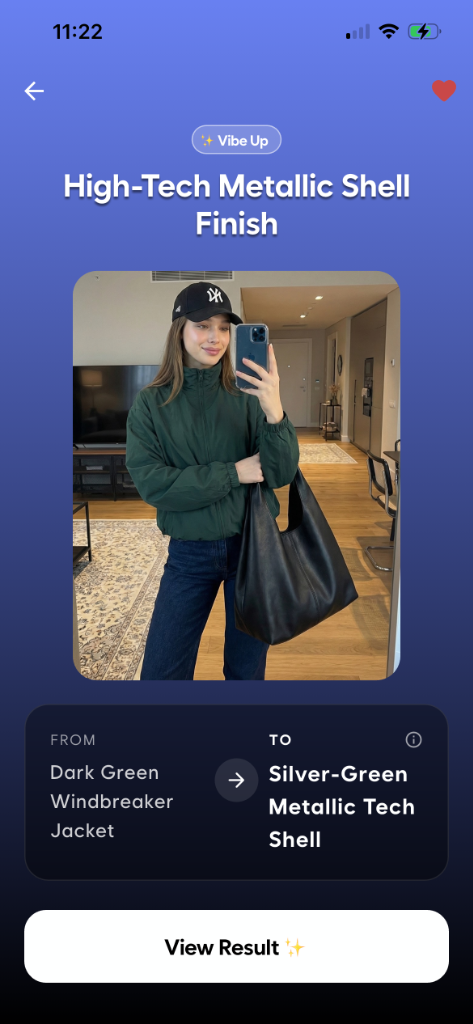 Clbak app interface showing AI style transformation from casual to chic with silver metallic jacket